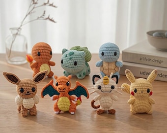 Gehaakte Pokemon-pluche-collectie, amigurumi-anime desk Pet. Leuk Pikachu Charizard Eevee-speeltje. Handgemaakte gamer-knuffel, geeky cadeau