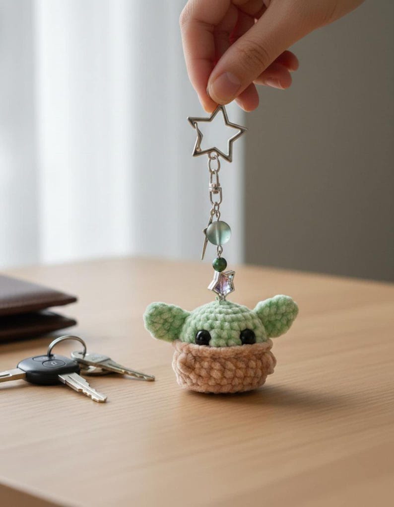 Op de afbeelding: Een handgemaakte gehaakte sleutelhanger met een groen personage met grote oren en zwarte ogen, zittend in een bruin mandje. De sleutelhanger heeft een zilveren stervormige bedel en een kralenaccent. Sleutels en een portemonnee staan op de achtergrond.
