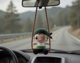 Handgemaakte Zoro One Piece autospiegel hangend - Roronoa Zoro gehaakte autobedel - Anime Swordsman Auto Decor - One P Crew Anime Amigurumi