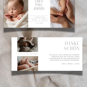 Può includere: Biglietto di annuncio nascita con foto di un neonato. Il biglietto include il nome del bambino, la data di nascita, il peso (3550g), l'altezza (55cm) e un messaggio di ringraziamento. Design minimalista.