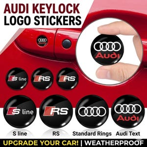 Può includere: Adesivi con logo Audi Keylock neri con testo bianco e rosso. Gli adesivi includono i loghi S line, RS e Audi. L'immagine mostra anche il testo "UPGRADE YOUR CAR! | WEATHERPROOF".