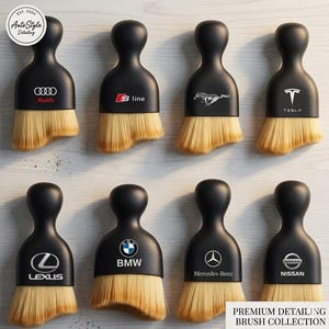 May include: A set of black detailing brushes with car brand logos such as Audi, S line, Tesla, Lexus, BMW, Mercedes-Benz, and Nissan. Each brush has a light-coloured bristle head. The text "Premium Detailing Brush Collection" is at the bottom.