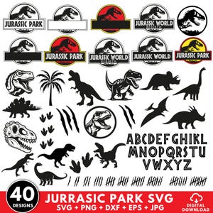 Op de afbeelding: Een verzameling van 40 Jurassic Park SVG-ontwerpen, waaronder logo's, dinosaurus silhouetten, voetafdrukken en een alfabet. De ontwerpen hebben een zwart-wit kleurenschema met rode en gele accenten. De tekst "JURRASIC PARK SVG" is inbegrepen.