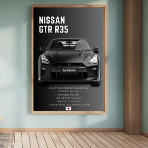 Könnte beinhalten: Ein gerahmtes vertikales Poster mit einem schwarzen Nissan GTR R35 Sportwagen. Der Text lautet NISSAN GTR R35, 3.8L TWIN-TURBOCHARGED V6, POWER: 565 HP, TORQUE: 652 NM, TOP SPEED: 315 KMH, WEIGHT: 1,740 KG, DRIVETRAIN: ALL WHEEL DRIVE und eine japanische Flagge.