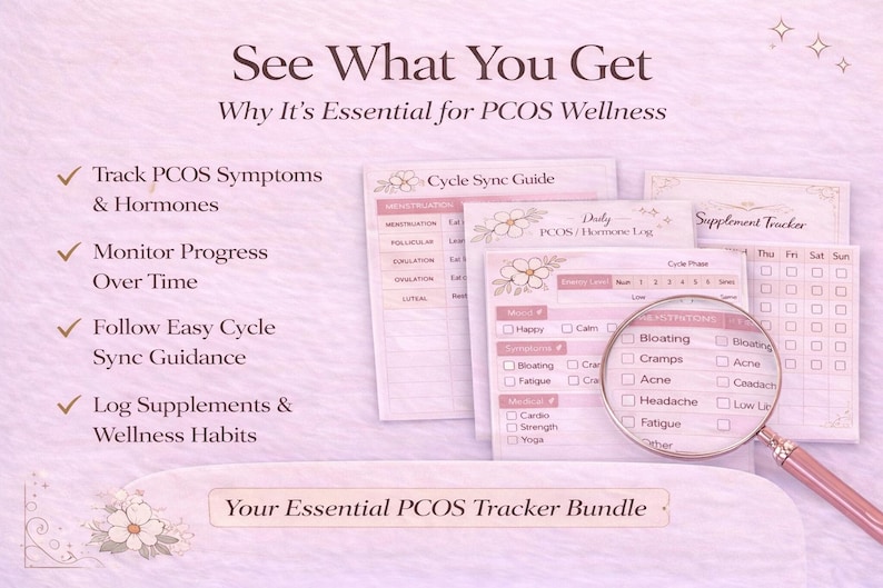 May include: A pink and white PCOS tracker bundle with a magnifying glass. The bundle includes a cycle sync guide, daily PCOS/hormone log, and supplement tracker. Text includes "See What You Get" and "Your Essential PCOS Tracker Bundle."