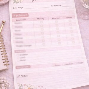 May include: A pink and white supplement tracker with floral details. The tracker has sections for supplements, meals, and movement, with space for notes. The text "Supplement Tracker" is at the top.