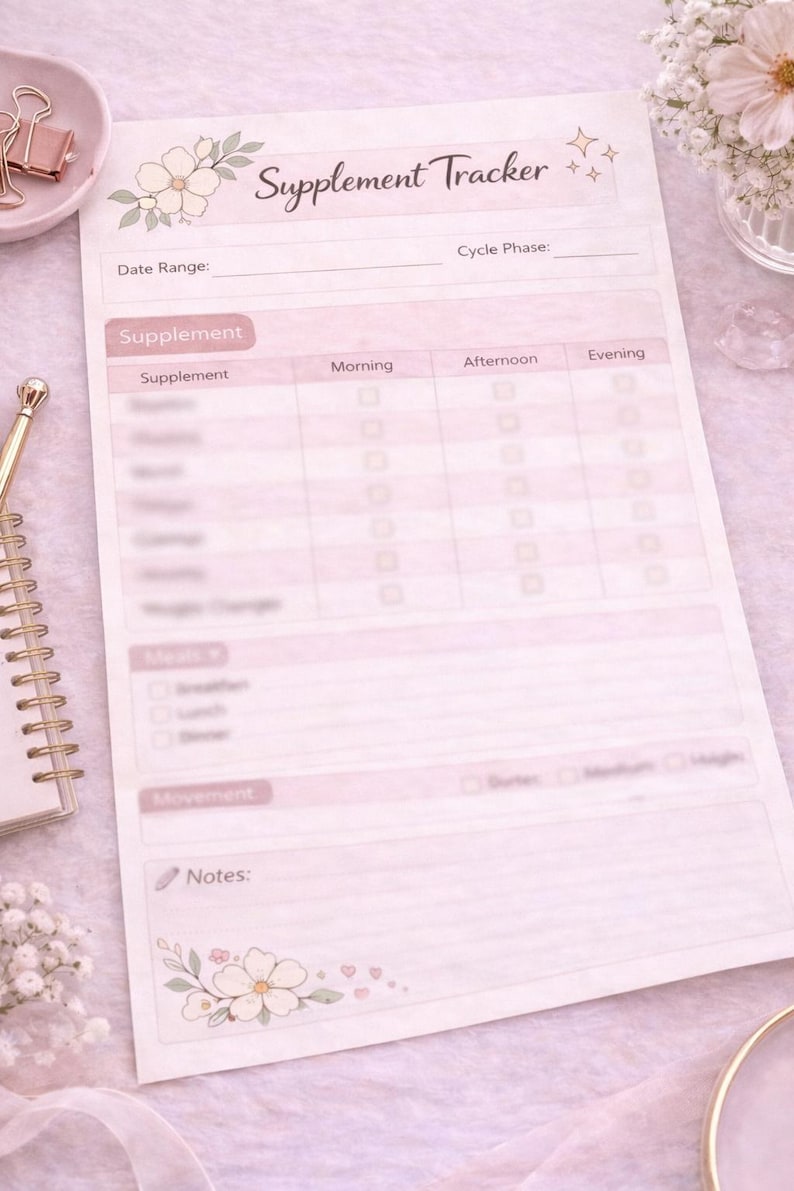 May include: A pink and white supplement tracker with floral details. The tracker has sections for supplements, meals, and movement, with space for notes. The text "Supplement Tracker" is at the top.