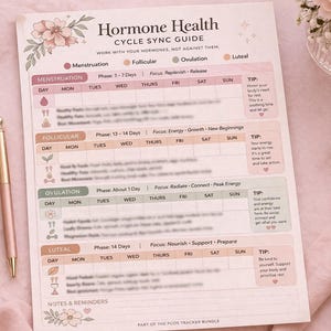 May include: A pink and white Hormone Health Cycle Sync Guide, with floral accents, a pen, and a small notebook. The guide includes sections for Menstruation, Follicular, Ovulation, and Luteal phases. A decorative dish with paper clips and flowers are also present.