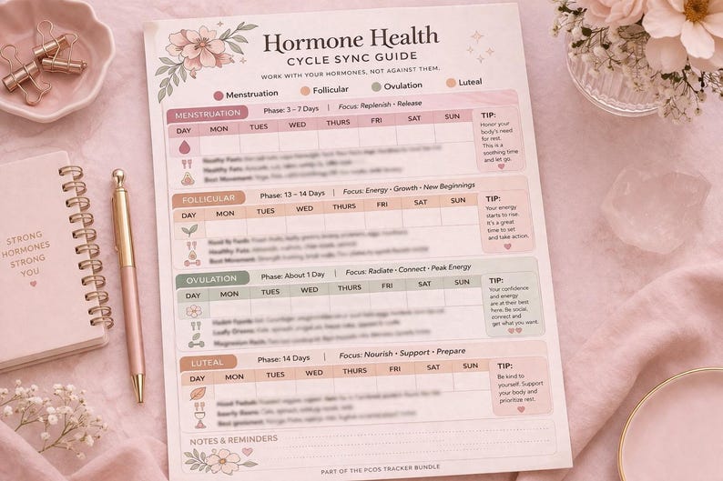 May include: A pink and white Hormone Health Cycle Sync Guide, with floral accents, a pen, and a small notebook. The guide includes sections for Menstruation, Follicular, Ovulation, and Luteal phases. A decorative dish with paper clips and flowers are also present.