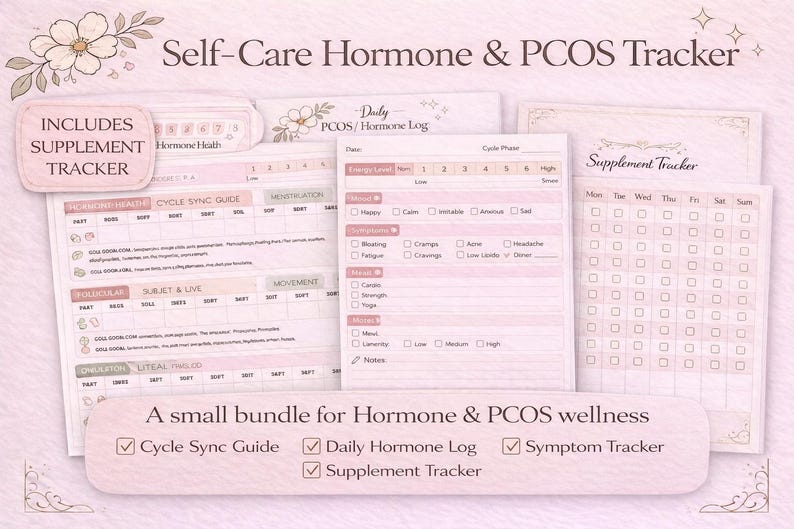 May include: A set of pink and beige self-care trackers for hormone and PCOS wellness. Includes a cycle sync guide, daily hormone log, symptom tracker, and supplement tracker. The text "Self-Care Hormone & PCOS Tracker" is at the top.