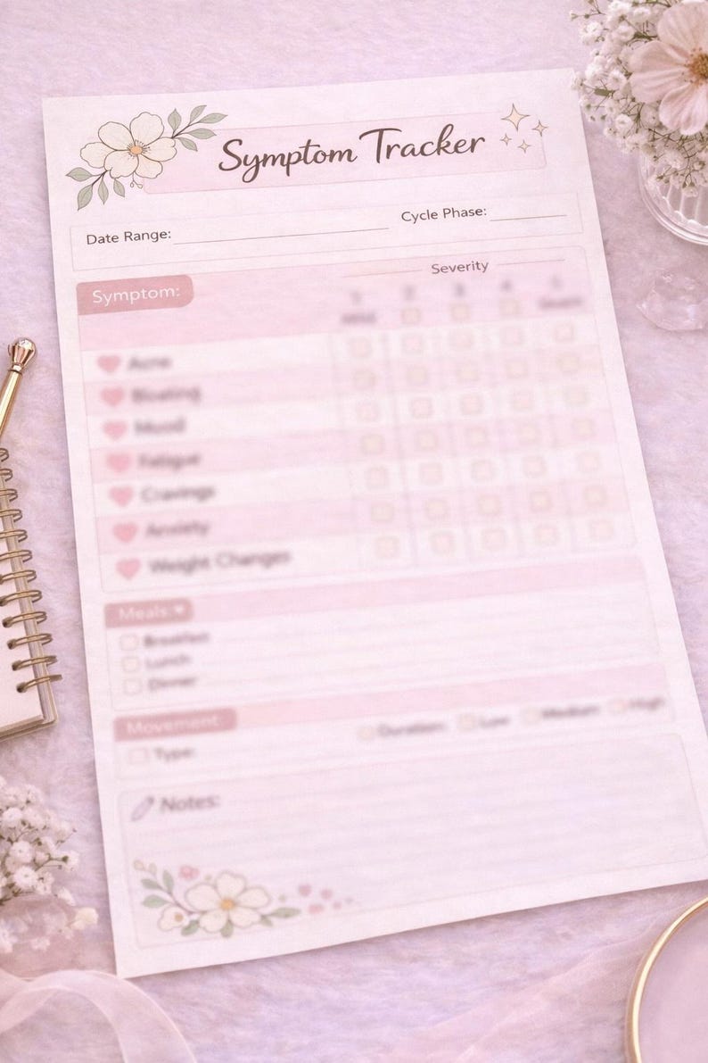 May include: A pink symptom tracker with the text "Symptom Tracker". It features sections for date range, cycle phase, and symptom severity. Floral decorations and a spiral notebook are also visible.