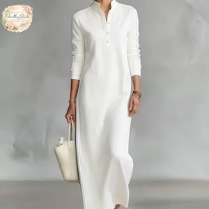 Long Sleeve Maxi Dress Button Collar Minimal Casual Dress Cotton Blend