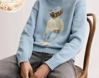 Polo Bear Ralph Lauren Sky Blue Sweater Unisex Classic Luxury Knit Pullover Cotton