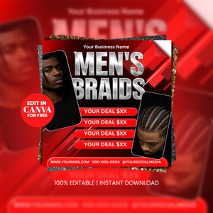 Puede incluir: Una plantilla de folleto de marketing digital con fondo rojo y negro, que incluye el texto "Your Business Name", "MEN'S BRAIDS", "EDIT IN CANVA FOR FREE", "YOUR DEAL $XX", "WWW.YOURWEB.COM", "000-000-0000", "@YOURSOCIALMEDIA" y "100% EDITABLE".