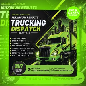 Puede incluir: Un gráfico promocional para servicios de despacho de camiones con un semirremolque verde brillante frente a un horizonte urbano. El texto incluye "RELIABLE DISPATCH MAXIMUM RESULTS TRUCKING DISPATCH SERVICES", una lista de servicios, "24/7 DISPATCH SUPPORT" y datos de contacto.