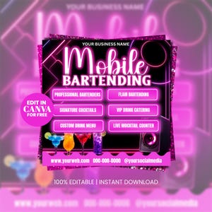 May include: A pink and black promotional graphic for mobile bartending services. The design features the text "Mobile Bartending" in large white letters, along with service details and contact information. The graphic includes images of cocktails and a speaker.