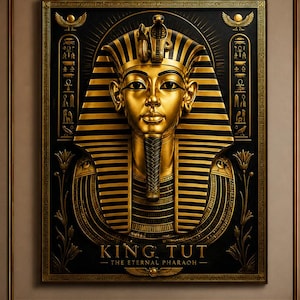 May include: A framed artwork depicting King Tutankhamun in gold and black, with the text "KING TUT - THE ETERNAL PHARAOH." The artwork is displayed above a bed with gold and black pillows and a black comforter. The room has gold accents.