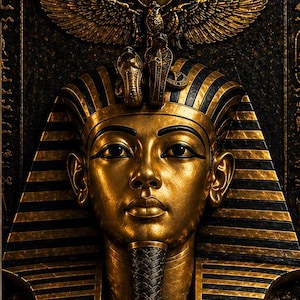 May include: A gold bust of an Egyptian pharaoh, with a detailed headdress of black and gold stripes. The bust has a calm expression, with a black and gold striped collar. Above the pharaoh's head is a gold sun disc and a bird with outstretched wings.