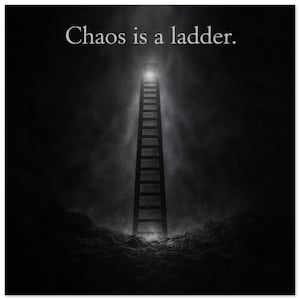 Puede incluir: Imagen en blanco y negro de una escalera que asciende hacia una luz brillante. El texto "Chaos is a ladder" está en la parte superior. La escalera es el punto focal, sobre un fondo oscuro y atmosférico, sugiriendo un viaje o desafío.