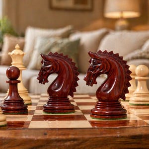 Könnte beinhalten: Nahaufnahme eines Schachspiels aus Holz auf einem Schachbrett. Das Set enthält dunkelrote Springerfiguren, Bauern und eine Dame. Die Schachfiguren stehen auf einem Holztisch.