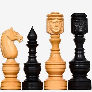 The Northern Traditional Art Collector Edition Carved King, Queen Face Chess Pieces in Ebonized & Boxwood – 5.1” King
