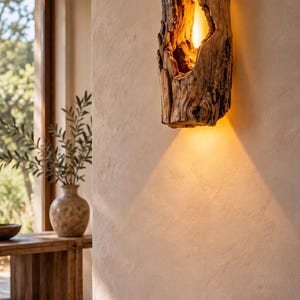 May include: A wall-mounted light fixture crafted from a vertical piece of natural wood with a hollowed-out center. The wood features a textured, weathered brown surface with visible grain and knots, emitting a warm, glowing light from within.