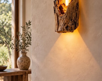 May include: A wall-mounted light fixture crafted from a vertical piece of natural wood with a hollowed-out center. The wood features a textured, weathered brown surface with visible grain and knots, emitting a warm, glowing light from within.