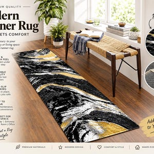 May include: A rectangular runner rug featuring an abstract pattern of black, white and gold swirls. The rug has a soft, plush texture on the top surface and a non-slip backing with small white dots. The design includes text such as Modern Runner Rug.