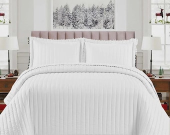 3Piece Quilted Embossed Bedspread Single Double King Size Bed Throw Bedding Set