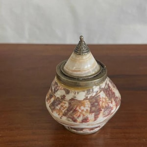 Op de afbeelding: Een kleine, ronde houder gemaakt van een natuurlijke schelp met een gevlekt bruin en crèmekleurig patroon. Het heeft een scharnierend, conisch deksel van gepolijst metaal, bekroond met een kleine, decoratieve knop met gedetailleerde gravures.