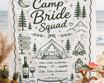 Personalized Camp Bride Squad Tapestry,Glamping Bachelorette Party Backdrop,Rustic Party,Camping Bridal Shower Banner,Adventure Bride Decor