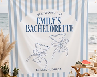Bannière de bachelorette rayée, tapisserie de fête martini, décoration de mariée nom de mariée personnalisé, toile de fond voyage Miami filles, tapisserie de mariage week-end