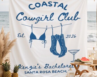 Küsten Cowgirl Bachelorette Tapisserie, personalisierte Braut Name Beach Party Decor, Western Girl Trip Decor, Cowgirl Club Braut Wochenende Kulisse