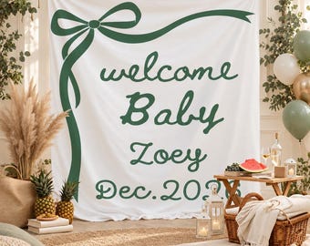 Personalized Welcome Baby Bow Tapestry, Custom Name and Date Sage Green Ribbon Wall Hanging, Soft Baby Shower Party Backdrop Nursery Decor