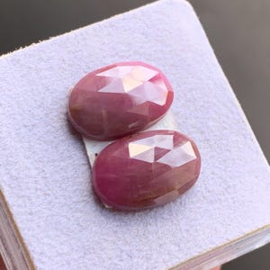 Puede incluir: Dos gemas ovaladas y facetadas con un tono rojizo-rosado se exhiben sobre una superficie blanca dentro de una caja de plástico transparente. Las gemas tienen una superficie pulida y reflectante, mostrando su estructura interna y variaciones de color.