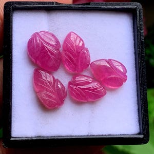 May include: Five vibrant pink, leaf-shaped carved gemstones arranged inside a square black display box with a white foam insert. Each stone features detailed, etched vein patterns on the surface, showcasing a polished, translucent finish.