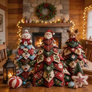 Könnte beinhalten: Drei Weihnachtsbaumdekorationen aus Stoff mit einem Schneemann, einem Weihnachtsmann und einem Rentier als Spitze. Jeder Baum besteht aus gesteppten, gemusterten Stoffstücken in Rot, Grün und Weiß, verziert mit Schneeflocken.