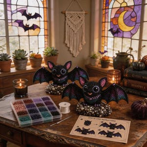 May include: Two black bat figurines decorated with colorful beads, each perched on a base of white and silver pearls. A clear plastic organizer filled with assorted beads, a spool of white thread, a needle, and an instruction sheet are on the table.