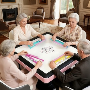 Puede incluir: Cuatro personas jugando al mahjong en una mesa con superficie blanca y borde rosa. Los jugadores sostienen filas de fichas de colores. Las fichas son blancas con s&iacute;mbolos negros. La mesa est&aacute; en una habitaci&oacute;n bien iluminada.