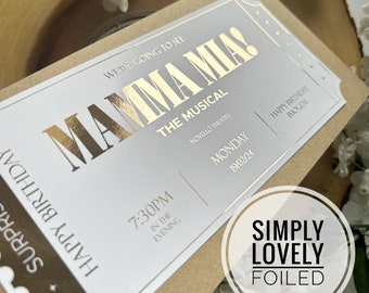 Entrada / Mamma Mia El Musical / Espectáculo del West End / Teatro / Regalo Revelación / Entrada Personalizada con Papel de Aluminio / Entrada de Lujo de Recuerdo / Despedida de Soltera