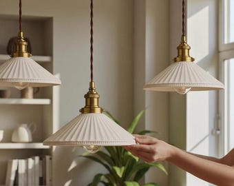 Lámpara colgante de cerámica estriada, lámpara colgante vintage francesa, iluminación minimalista nórdica para cocina, lámpara de techo de latón y cerámica, decoración de habitaciones