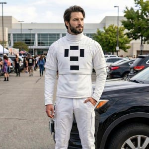 Puede incluir: Un atuendo blanco con cuello alto, mangas largas y pantalones cargo. El atuendo tiene un dise&ntilde;o cuadrado negro en el pecho. La persona est&aacute; de pie junto a un coche negro en un aparcamiento.