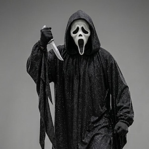 Sparkly Ghost face Cosplay Robe - Metallic Glitter Scream Costume - Luxury Halloween Horror Robe