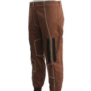 May include: Brown pants with white stitching and black accents. The pants have a classic design with a button and zipper closure, and feature reinforced patches and black stripes on the legs. The cuffs are black.