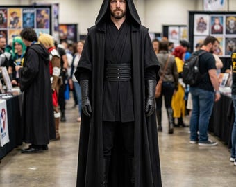 Star Wars inspired Sith Lord Cosplay Costume | Black Dark Jedi Tunic & Cloak Set | Darth Maul Halloween Men's Outfit.