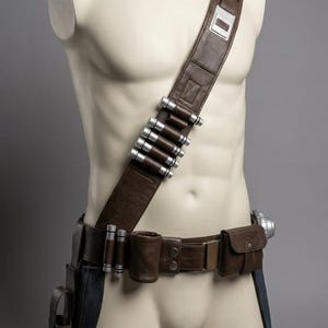 May include: A brown leather bandolier and belt set with silver bullet holders and pouches. The bandolier crosses the chest and connects to the belt, which has additional pouches and a holster. The set is displayed on a mannequin.