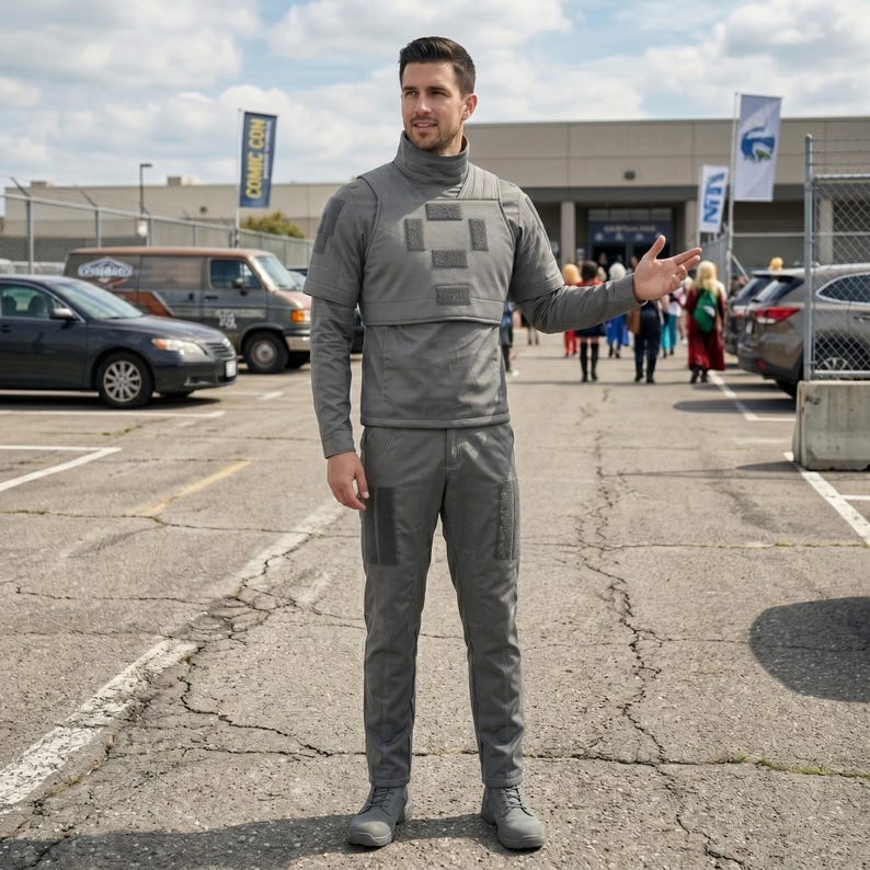 May include: A gray jumpsuit with a high collar and multiple square patches on the chest. The outfit includes a long-sleeved top, pants, and matching boots. The person is standing in a parking lot with a Comic Con banner in the background.