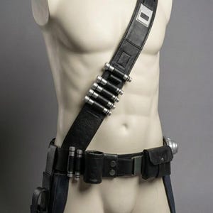 May include: Black leather utility belt and shoulder strap with silver bullet holders and pouches. The belt includes a holster and a thigh strap. The items are displayed on a mannequin.