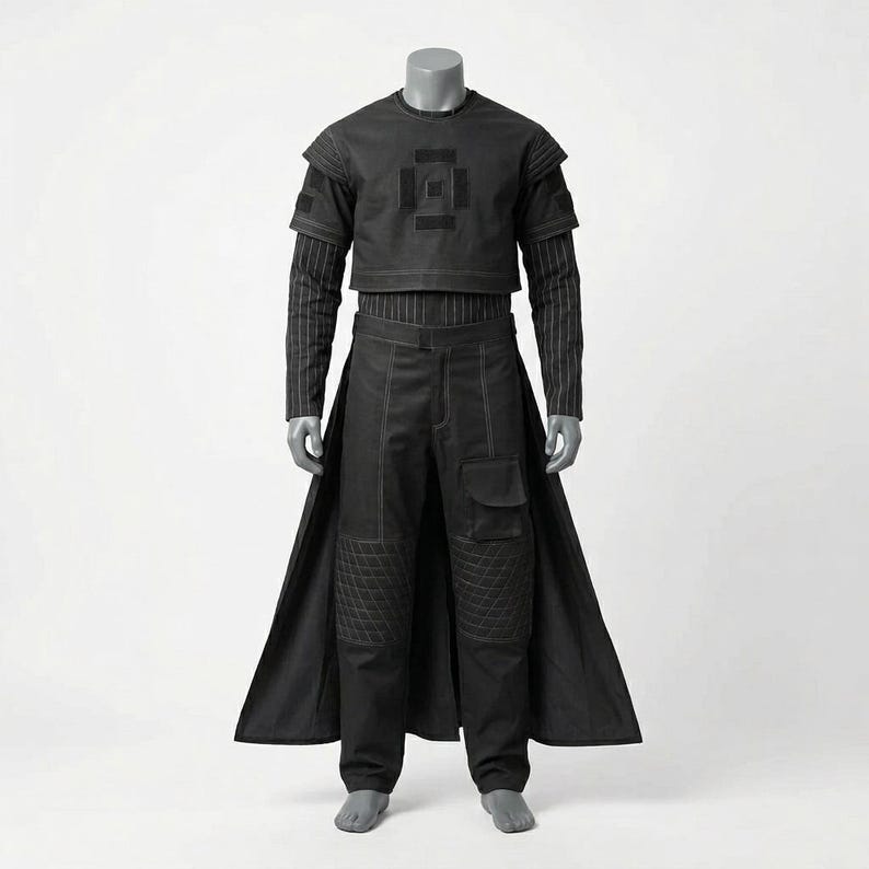 May include: A black futuristic outfit on a mannequin. The outfit features a cropped top with a geometric design, a long-sleeved striped undershirt, high-waisted trousers with cargo pockets, and a long, flowing skirt-like attachment. The trousers have quilted knee patches.