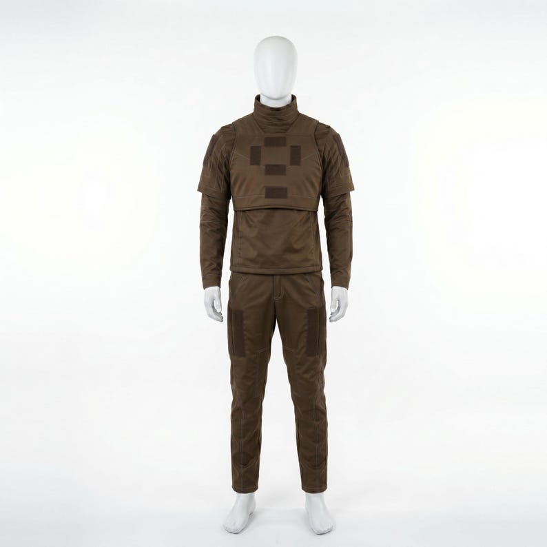 Pode incluir: Um uniforme t&aacute;tico castanho exibido em um manequim. O traje inclui um top de gola alta com patches nos ombros, um painel no peito, mangas compridas e cal&ccedil;as combinando com bolsos. O uniforme &eacute; projetado para funcionalidade e prote&ccedil;&atilde;o.